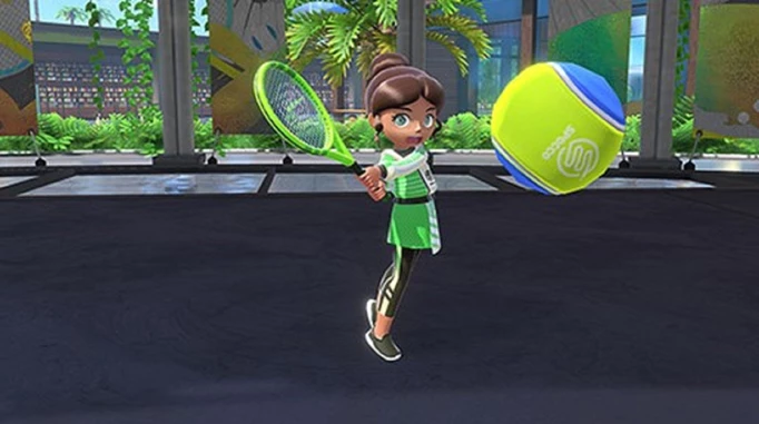 A Sportsmate goes for a backspin in Nintendo Switch Sports tennis.