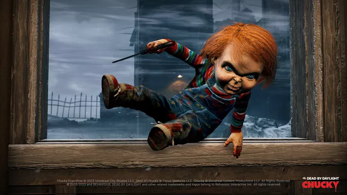 Chucky vaults a window while brandishing a knife in Dead by Daylight