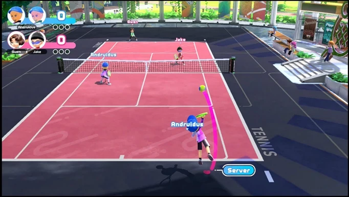 A player prepares to power serve in Nintendo Switch Sports tennis.