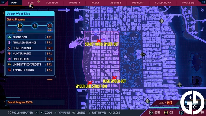 The Spider-Man 2 Spider-Bot locations map for Upper East Side