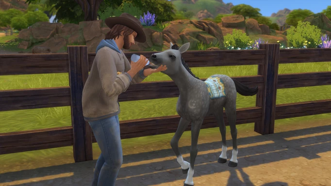 Screenshot of a foal 'bottle feed' animation in The Sims 4 Horse Ranch