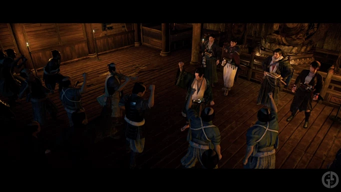 A cutscene with the cast of samurai in Rise of the Ronin