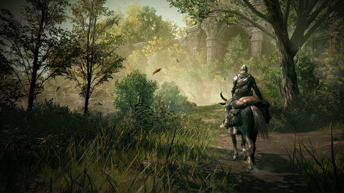 The Tarnished rises his horse, Torrent, down a forest path in Elden Ring's Shadow of the Erdtree DLC.