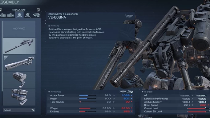 Equipping the stun needle launcher in Armored Core 6