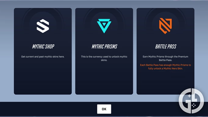 The Overwatch 2 menu with the Mythic Shop, Mythic Prisms, and Battle Pass options