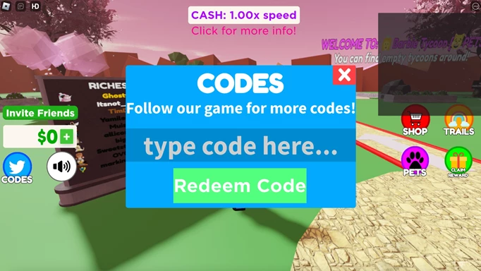 The interface for redeeming Barbie tycoon codes in Roblox