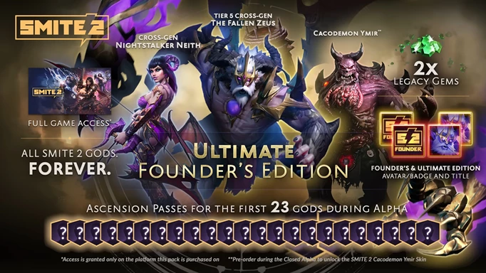 A graphic showing all of the items included in SMITE 2 Ultimate Founder's Edition