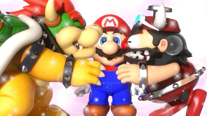 Bowser and Booster kissing Mario in Super Mario RPG