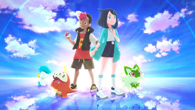Image from the Pokemon Horizons trailer showing trainers and 'mon