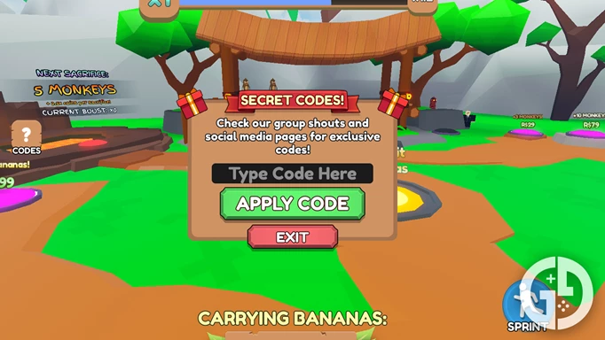 The codes menu in Monkey Tycoon