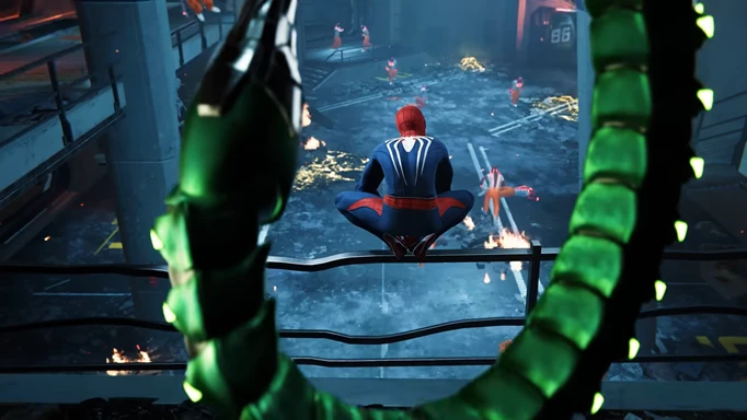 Spider-Man crouches on a railing, looking over a prison riot, while the Scorpion's tail unfurls behind him