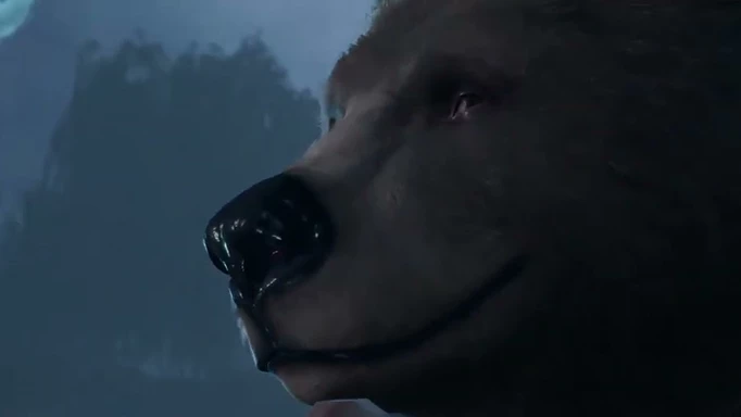 A Baldur's Gate 3 bear smirking, in the now-infamous Druid sex scene from the game.