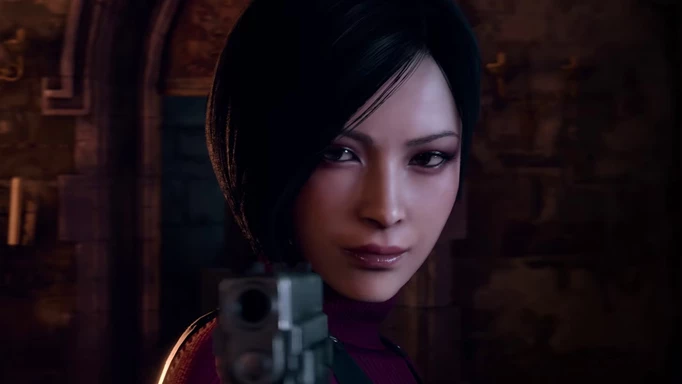 Resident Evil 4 Remake Voice Actors: Ada Wong pointing a gun at Leon