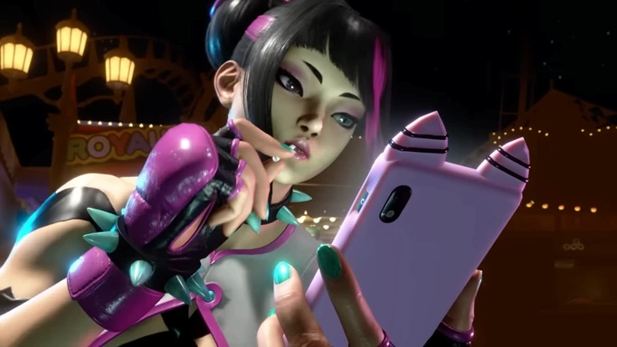 Juri from Street Fighter 6 looks at her phone with a lollipop in her mouth