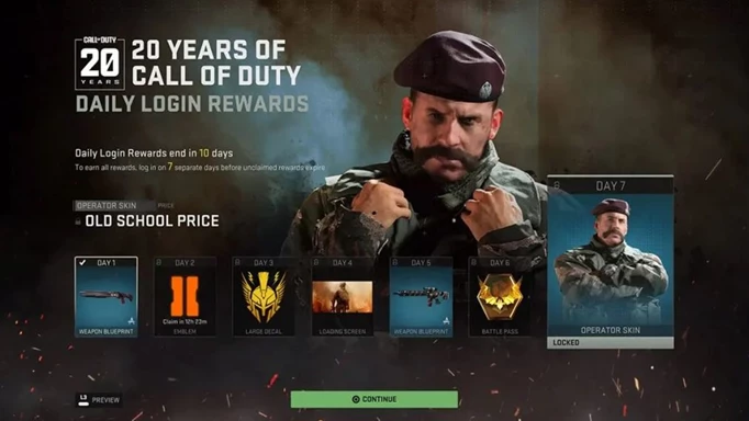 The in-game menu for the 20 Years of Call of Duty Daily Login Rewards
