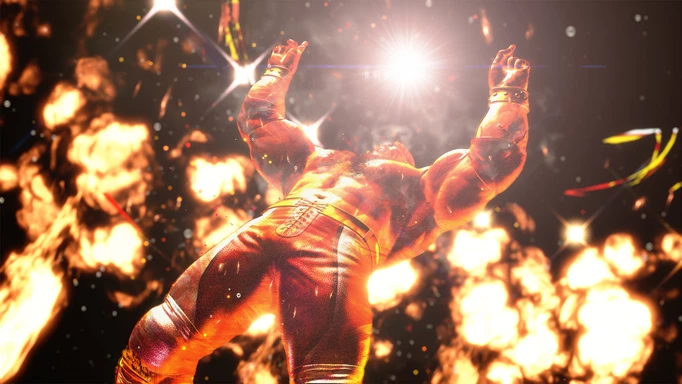 Image shows key art of Zangief surrounded by flames in Street Fighter 6