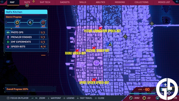 The Spider-Man 2 Spider-Bot locations map for Hell's Kitchen
