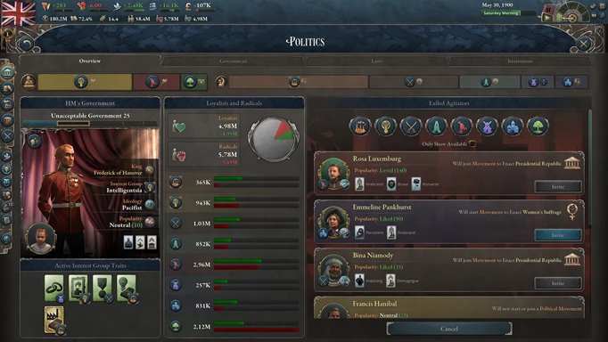 an image of the Politics screen in Victoria 3 showing the new Agitators