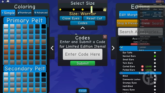 the Warrior Cats: Ultimate Edition codes screen