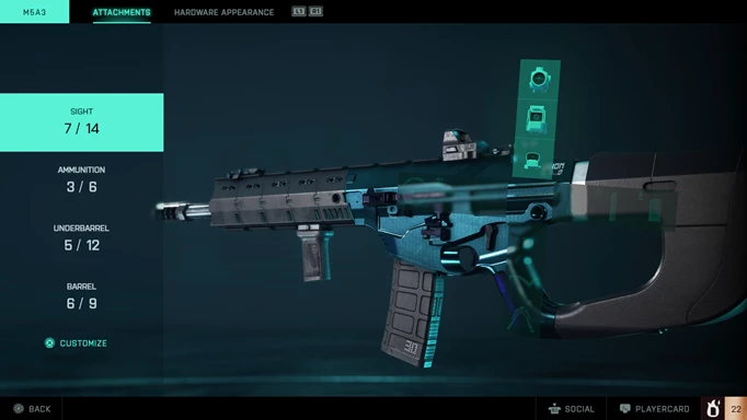 A M5A3 assault rifle is shown in a customisation menu.