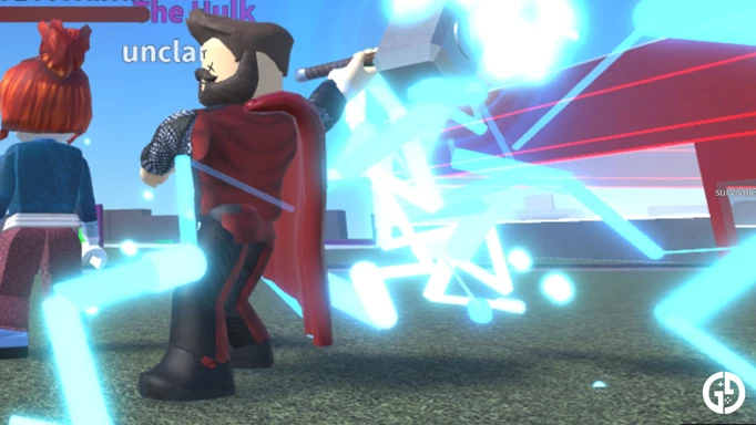 Image of Thor using the hammer in Roblox Super Hero Tycoon