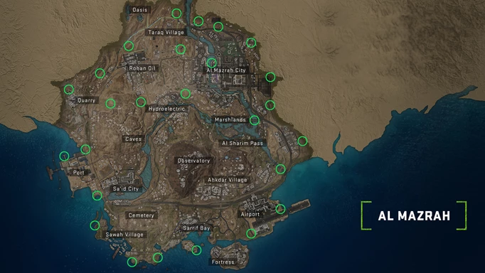 MW2 DMZ Spawn Locations: A map of Al Mazrah, showing all of the spawn locations marked with green circles