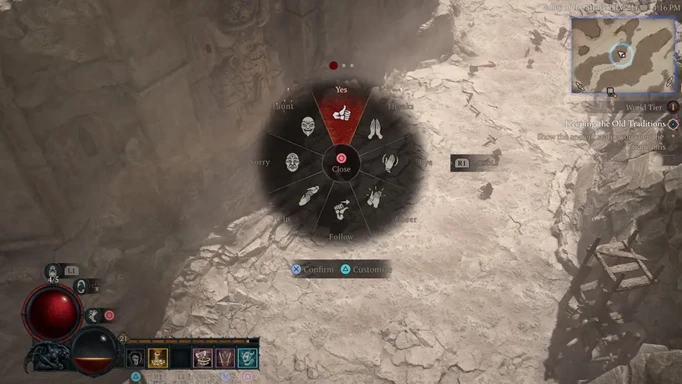 an image of the Diablo 4 emote menu highlighting the 'Yes' emote
