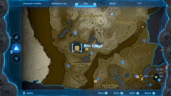 Screenshot of the Rito Village map location in Zelda: Tears of the Kingdom