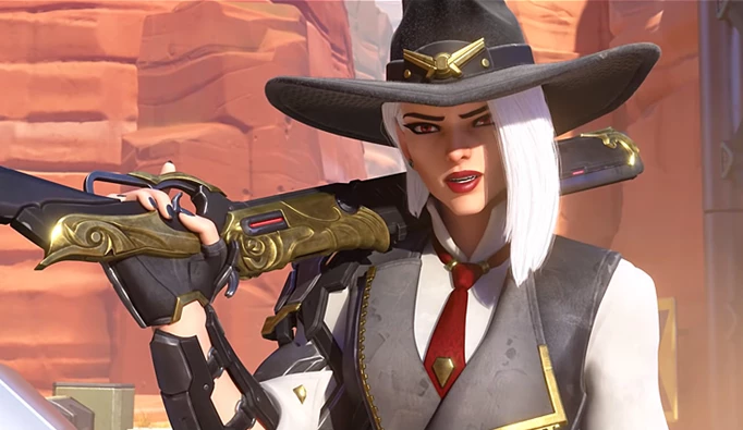 Ashe in Overwatch 2 holding a rifle on her shoulder