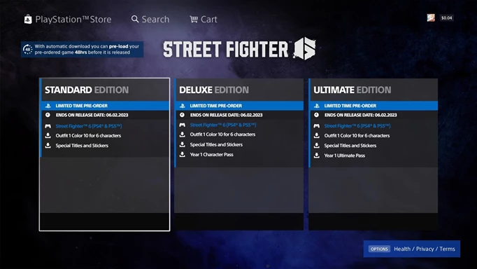 The PS5 store page showing the three versions of Street Fighter 6, standard, deluxe, and ultimate
