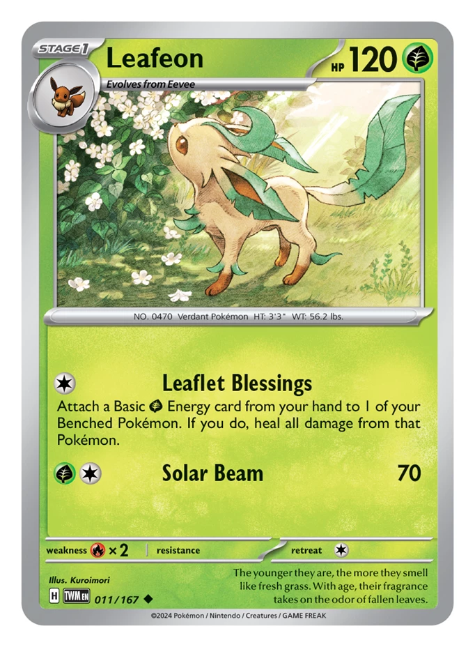 A Leafeon Pokemon card in the Twilight Masquerade expansion