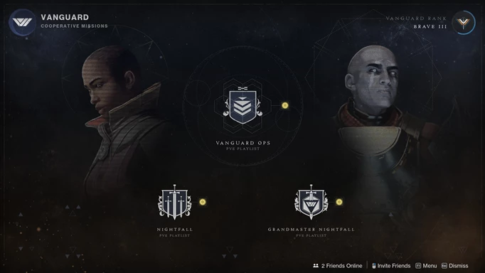 The Vanguard Ops menu, in which Strikes and Nightfalls are available