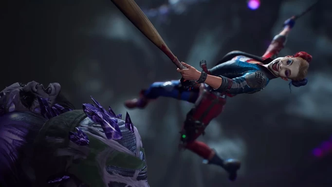 Harley Quinn hitting an alien with a baseball bat in Suicide Squad: Kill the Justice League