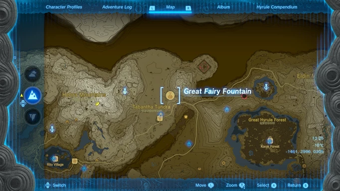 Screenshot of the Great Fairy Fountain Mija map location in Zelda: Tears of the Kingdom