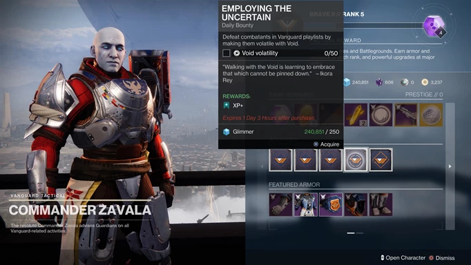 Destiny 2 Employing The Uncertain: Zavala's Bounty Menu