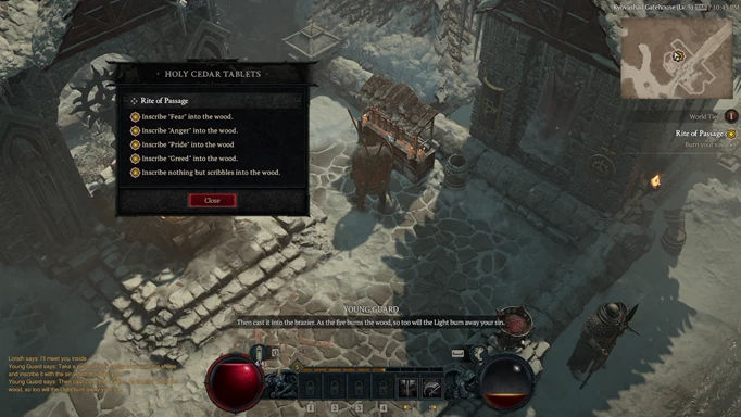 Le personnage principal de Diablo 4 inscrivant quelque chose dans les tablettes Holy Cedar, avec cinq options disponibles