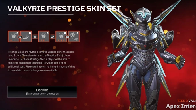 The Valkyrie Prestige Skin is the main draw of the Apex Legends Neon Network Collection Event.