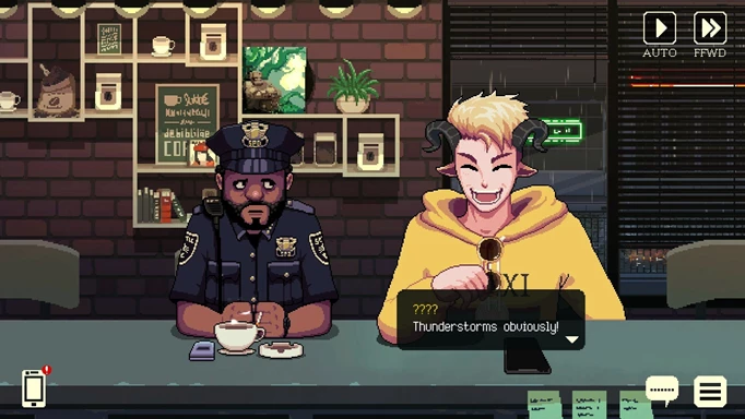 Lucas and Officer Jorji await their coffee in Coffee Talk: Episode 2 - Hibiscus & Butterfly