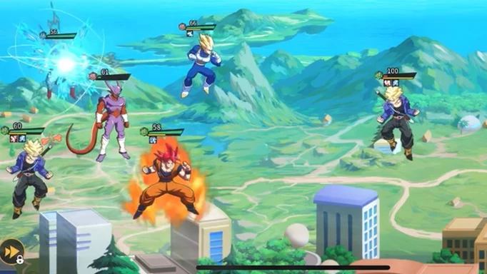 A gameplay screenshot of Epic Saiyan Z featuring multiple characters in a battle.