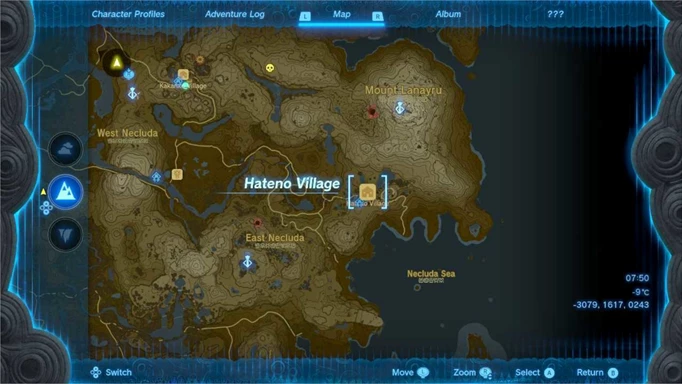 Hateno Village map location in Zelda TOTK