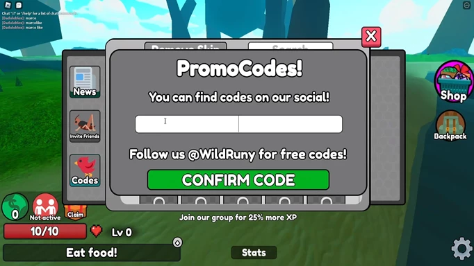 Image shows an in-game menu of where to redeem codes in Pet Evolution Simulator