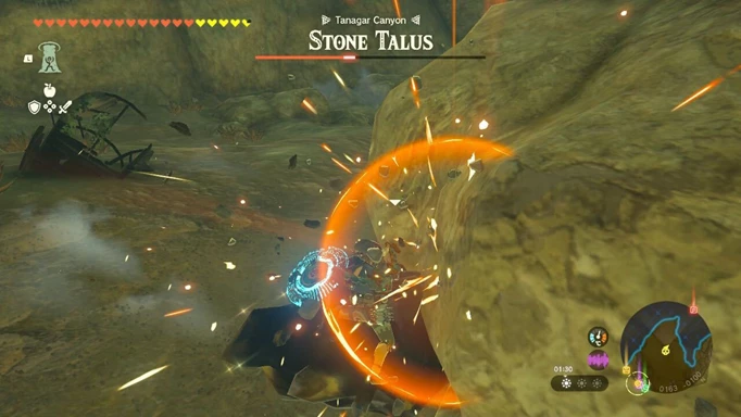Link hitting the weak point of the Rare Stone Talus in Zelda: Tears of the Kingdom