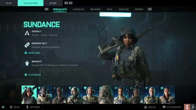 A soldiers called Sundance and their abilities are on screen.