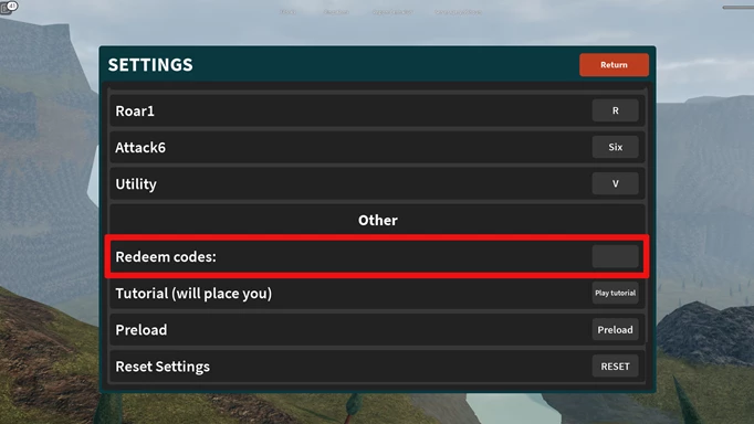 The Kaiju Universe settings menu with the code redemption option highlighted