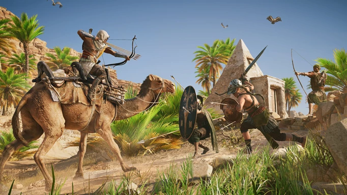 Bayek riding a camel in Assassin's Creed Origins