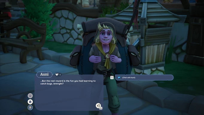 Внутриигровой скриншот Палии с изображением Ауни, который контролирует доступ к магазину отлова жуков.