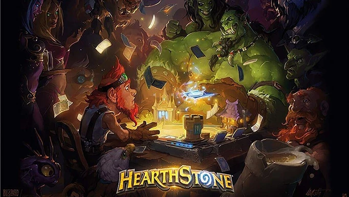 Hearthstone key art with characters at a table