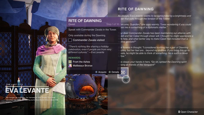 Eva Levante starts the Rite of Dawning Destiny 2
