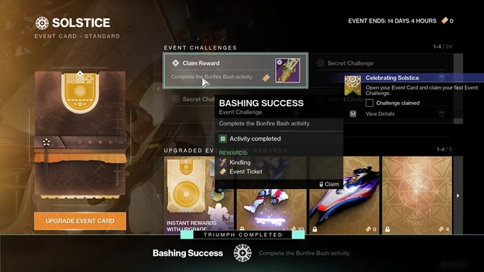 Kindling awarded for completing a challenge, as shown on the event card