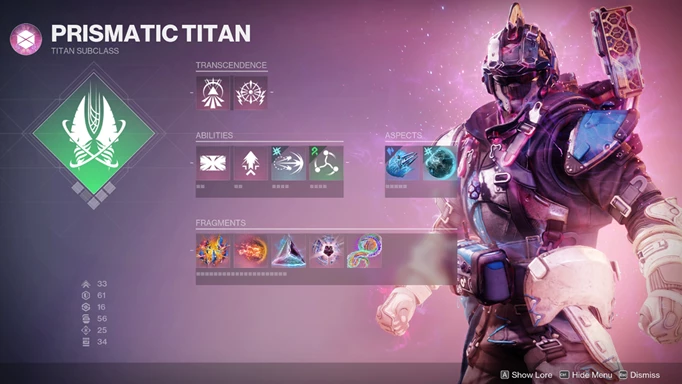 The Prismatic subclass menu for the Titan